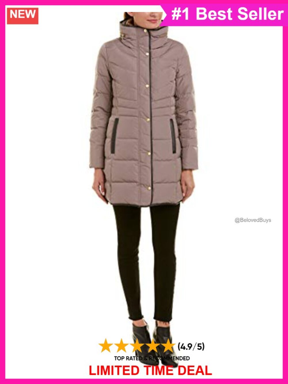 Mid Length Quilted Down Puffer Coat Hooded Zip Pockets